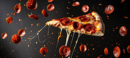 A flying slice of pepperoni pizza with stretching cheese on a black background. The concept of fast food and junk food.の素材