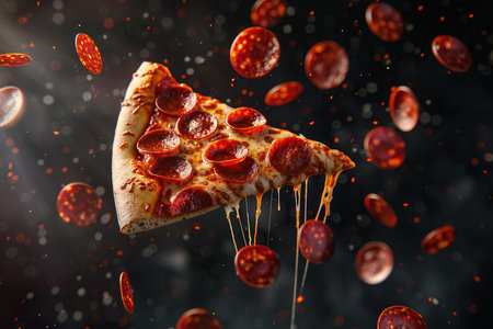 A flying slice of pepperoni pizza with stretching cheese on a black background. The concept of fast food and junk food.の素材