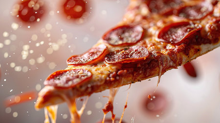 A flying slice of pepperoni pizza with stretching cheese on a light background. The concept of fast food and junk food.の素材