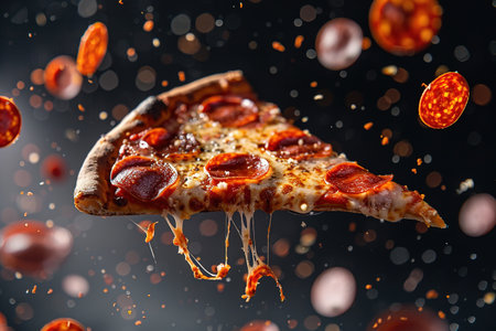 A flying slice of pepperoni pizza with stretching cheese on a black background. The concept of fast food and junk food.の素材