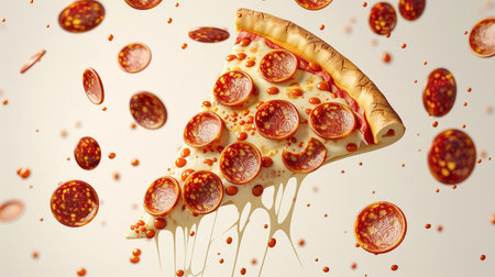 A flying slice of pepperoni pizza with stretching cheese on a light background. The concept of fast food and junk food.の素材