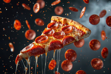 A flying slice of pepperoni pizza with stretching cheese on a black background. The concept of fast food and junk food.の素材