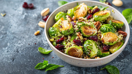 Fried Brussels sprouts salad with quinoa, cranberries and nuts in a white bowl. Healthy vegan food concept.の素材