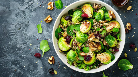 Fried Brussels sprouts salad with quinoa, cranberries and nuts in a white bowl. Healthy vegan food concept.の素材