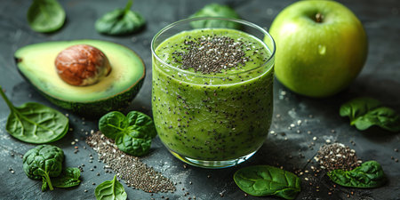 Food and drink, healthy dieting and nutrition, lifestyle, vegan, alkaline, vegetarian concept. Green smoothie with organic ingredients, vegetables on a modern kitchen tableの素材