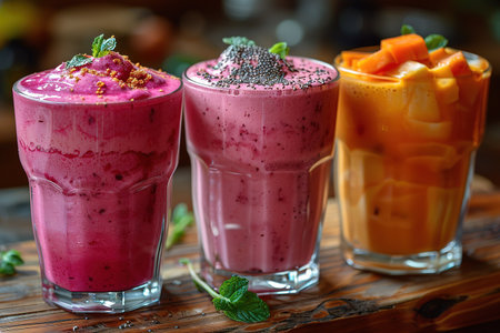 Colorful smoothie, healthy detox vitamin diet or vegan food concept, fresh vitamins, breakfast drink with spinach, pomegranate, figs and blueberriesの素材