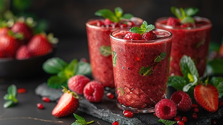 Beautiful appetizer pink raspberries fruit smoothie or milk shake in glass jar with berries background, top view. Yogurt cocktail. Close up. Natural detox. Liquid ice cream.の素材