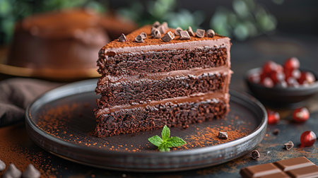 Plate with slice of tasty homemade chocolate cake on table.の写真素材