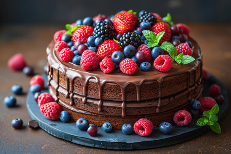 Traditional homemade chocolate cake sweet pastry dessert with brown icing, cherries, raspberry, currant on vintage wooden background. Dark food photo, rustic style, natural light.の写真素材