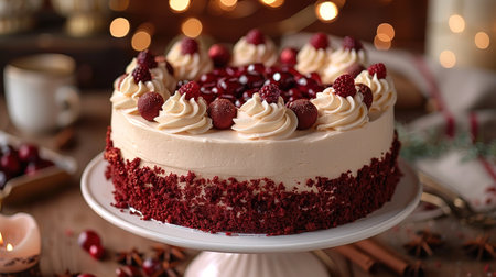 Red velvet cake on wood board. Slice of cake. Raspberry cake. Devil's cake. Wedding dessert. Birthday party. Delicious dessert. Traditional American dessertの写真素材