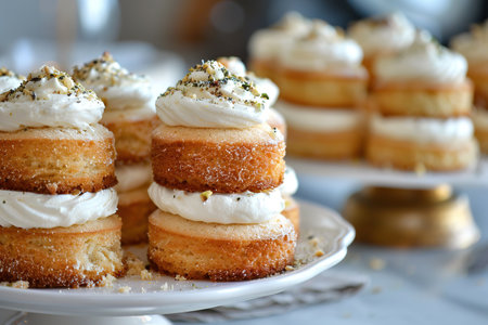 Raw vegan pistachio carrot cake with cashew cream layers from above on concrete table.の写真素材
