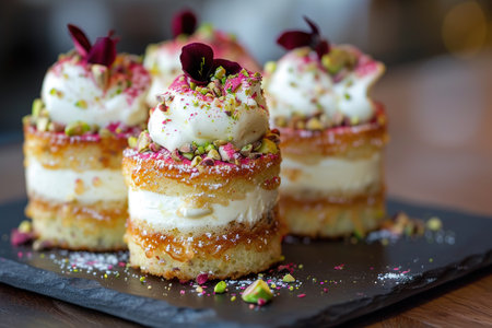 Raw vegan pistachio carrot cake with cashew cream layers from above on concrete table.