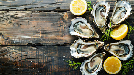 Opened oysters, ice and lemon on stone table. Half a dozen. Top view with copy space.の素材