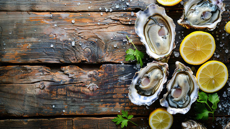 Opened oysters, ice and lemon on stone table. Half a dozen. Top view with copy space.の素材