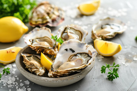 Opened oysters, ice and lemon on stone table. Half a dozen. Top view with copy space.の素材