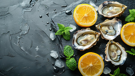 Opened oysters, ice and lemon on stone table. Half a dozen. Top view with copy space.の素材