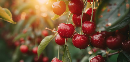Red and sweet cherries on a branch just before harvest in early summer.の素材