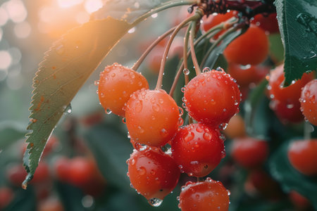 Red and sweet cherries on a branch just before harvest in early summer.の素材