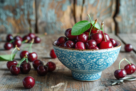 Fresh cherry on plate on wooden dark background. fresh ripe cherries. sweet cherries.の素材