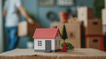 Moving house, Key house keychain in new home. Buy or rent real estate concept.の素材