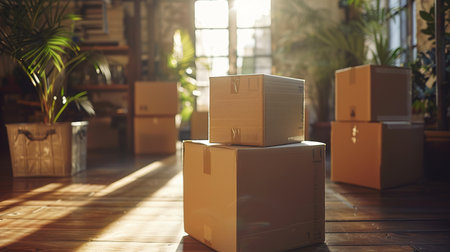 Relocation with moving boxes in a room with a wooden ladder in sunlight.の素材