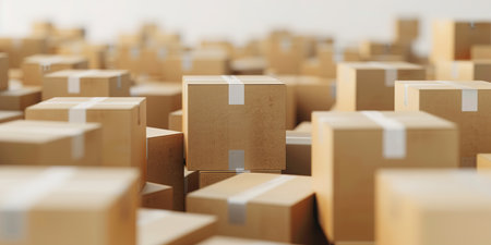 Cardboard boxes with stuff indoors, space for text. Moving day. a bunch of cardboard boxes on a white background.の素材