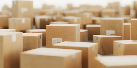 Cardboard boxes with stuff indoors, space for text. Moving day. a bunch of cardboard boxes on a white background.の素材