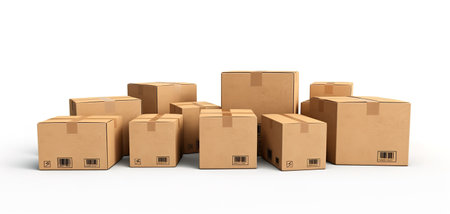 Cardboard boxes with stuff indoors, space for text. Moving day. a bunch of cardboard boxes on a white background.の素材