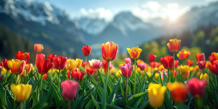 Blooming red tulips flower in the foothills of snowy mountains. Creative collage of picturesque countryside. Beauty of nature concept background.の素材