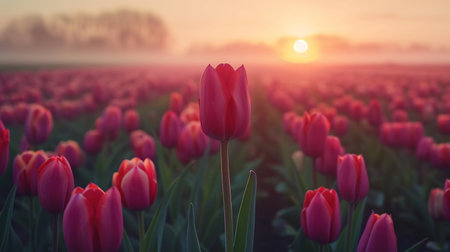 A magical landscape with sunrise over tulip field in the Netherlands.の素材