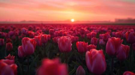 A magical landscape with sunrise over tulip field in the Netherlands.の素材