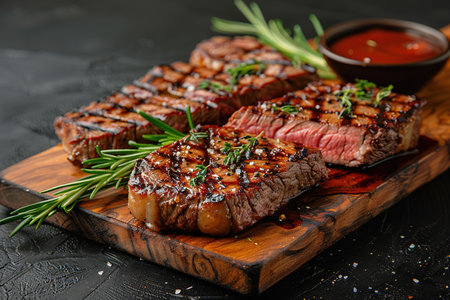 Sliced flank steak cooked medium on a charcoal grill on a dark background. Top view.の素材