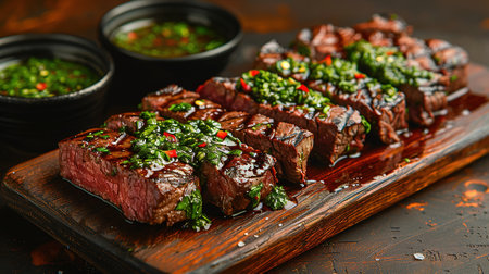 Sliced flank steak cooked medium on a charcoal grill on a dark background. Top view.の素材