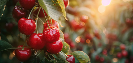 Red and sweet cherries on a branch just before harvest in early summer.の素材