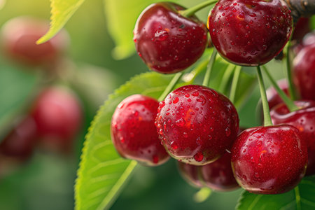 Red and sweet cherries on a branch just before harvest in early summer.の素材