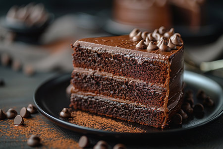Plate with slice of tasty homemade chocolate cake on table.の写真素材