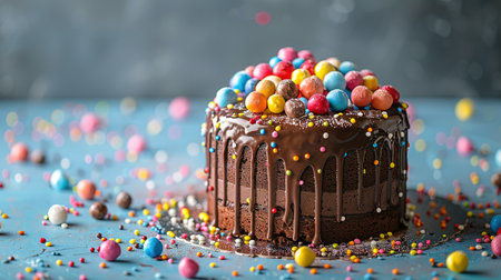 Birthday cake with colorful Sprinkles over a blue background.