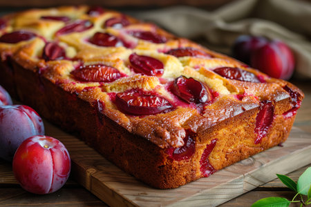 Rustic plum cake on wooden background with plums around. Plum pie concept.の写真素材