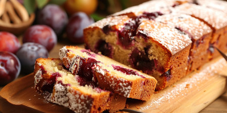 Rustic plum cake on wooden background with plums around. Plum pie concept.の写真素材