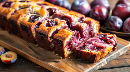 Rustic plum cake on wooden background with plums around. Plum pie concept.の写真素材