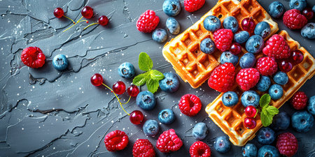 Belgian waffles with strawberries, blueberries and syrup, homemade healthy breakfast, toned image, selective focusの写真素材
