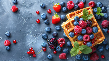 Belgian waffles with strawberries, blueberries and syrup, homemade healthy breakfast, toned image, selective focusの写真素材