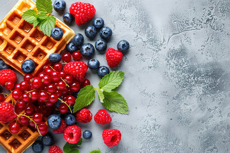 Belgian waffles with strawberries, blueberries and syrup, homemade healthy breakfast, toned image, selective focusの写真素材