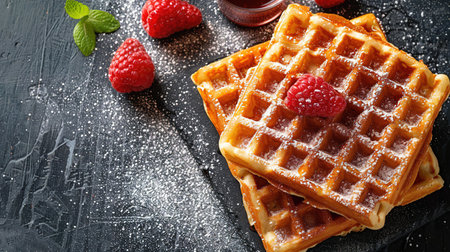 Belgian waffles with strawberries, blueberries and syrup, homemade healthy breakfast, toned image,...