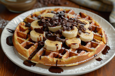 Breakfast waffles with bananas and chocolate sauce.の写真素材