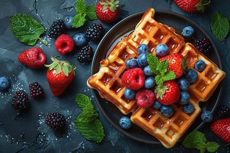 Belgian waffles with strawberries, blueberries and syrup, homemade healthy breakfast, toned image, selective focusの写真素材