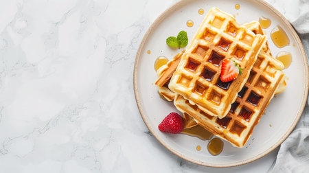 Belgian waffles with strawberries, blueberries and syrup, homemade healthy breakfast, toned image,...