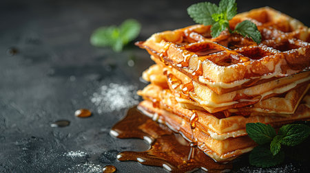 Belgian waffles with strawberries, blueberries and syrup, homemade healthy breakfast, toned image, selective focusの写真素材
