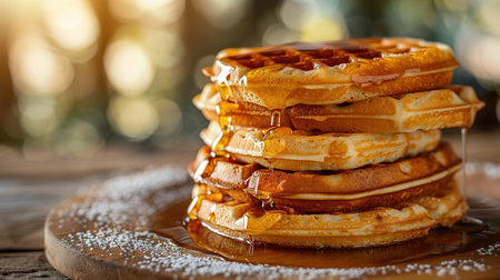 Belgian waffles with strawberries, blueberries and syrup, homemade healthy breakfast, toned image, selective focusの写真素材