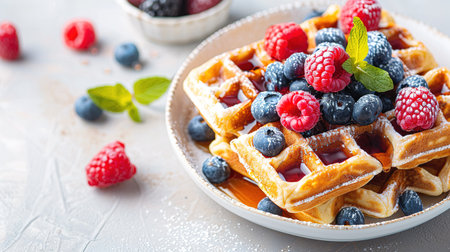 Belgian waffles with strawberries, blueberries and syrup, homemade healthy breakfast, toned image, selective focusの写真素材